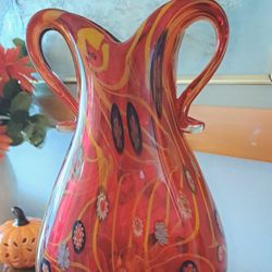 Orangy Multicolor Heavy Glass Vase. Flower Designs.