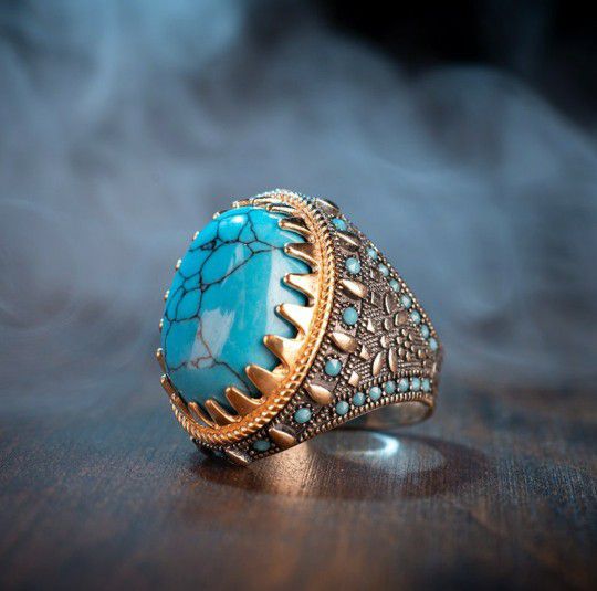 Size 13 Natural Turquoise Blue Stone Vintage Ring 925 Silver Plated For Men