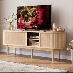 Fluted TV Stand for TVs up to 65", Mid-Century Home Entertainment Center with Sliding Tambour Door and Adjustable Shelves, Oak