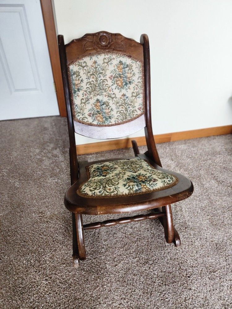 Vintage/Antique Tapestry Carved Wood Folding Rocker Rocking Chair Victorian 
