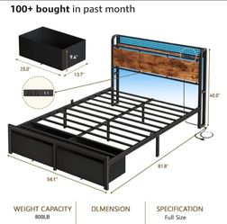 Furnulem Full Size Bed Frame with Headboard Storage, Platform Bed Frame Full Size with 2 Drawers, Charging Station and LED Lights
