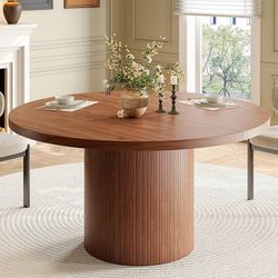 47 inch Round Dining Table for 4, Circle Kitchen Table with Wood Strip Base, Modern Farmhouse Dinner Tables for Kitchen, Living Room (Walnut)