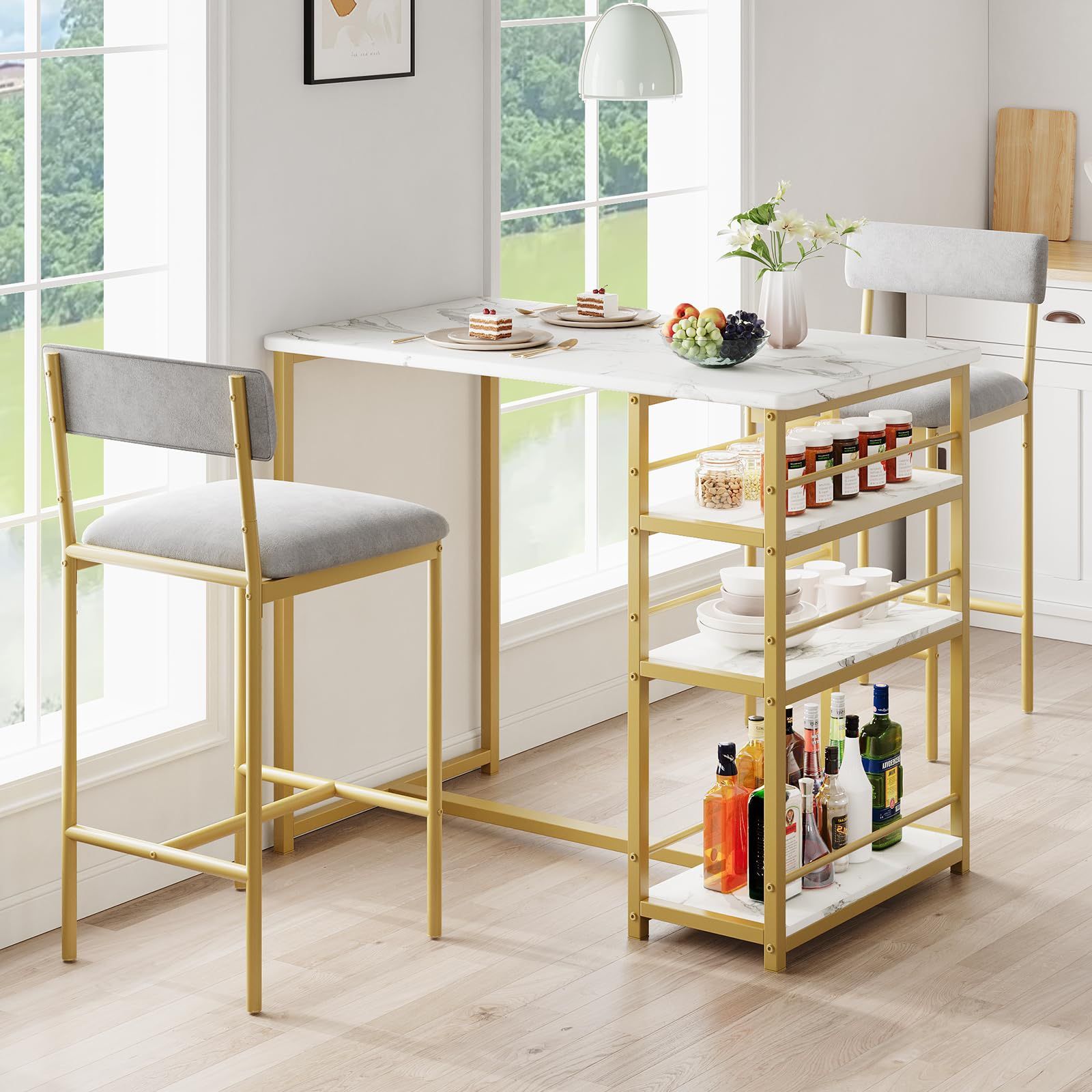 3-Piece Pub Table Set with 2 Upholstered Bar Stools, 36" Counter-Height Dining Table & Chairs for Kitchen, Breakfast Nook, Small Apartment, Space-Savi