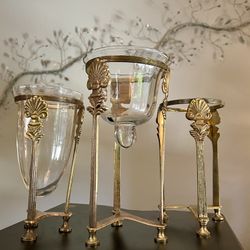 Set of Ornate Vintage Ribbed Glass Vases / Candle Holders