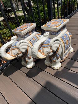 Pair of Vintage Chinoiserie Oriental Ceramic Garden Stools or Plant Stands in great shape! 17” tall.