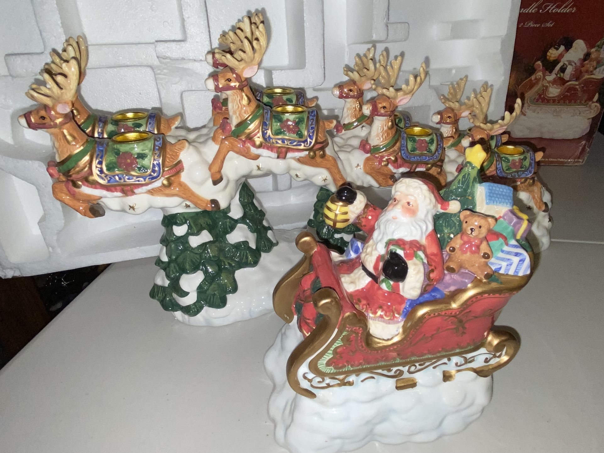 Kirkland Signature Santa Sleigh Reindeer 2 PC Christmas Candle Holder Open Box