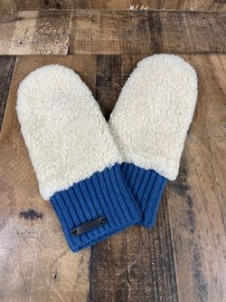 Coach Women’s Leather & Shearling Mittens Blue w/ Logo Patch (I-13394)