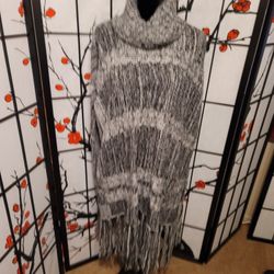 BLACK RIVAT LADIES LOOSE KNIT BLACK GREY OPEN PONCHO COWL NECK ONE SIZE