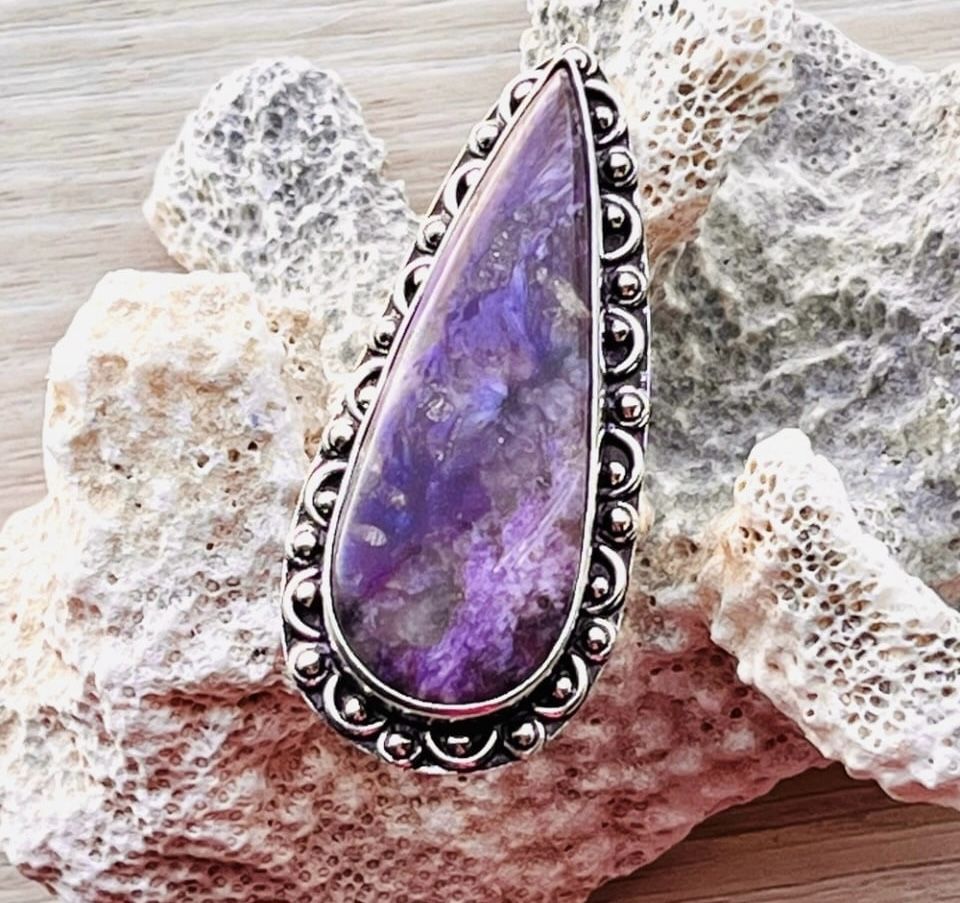 Longated Teardrop Natural Charoite Sterling Silver Ring Sz 9