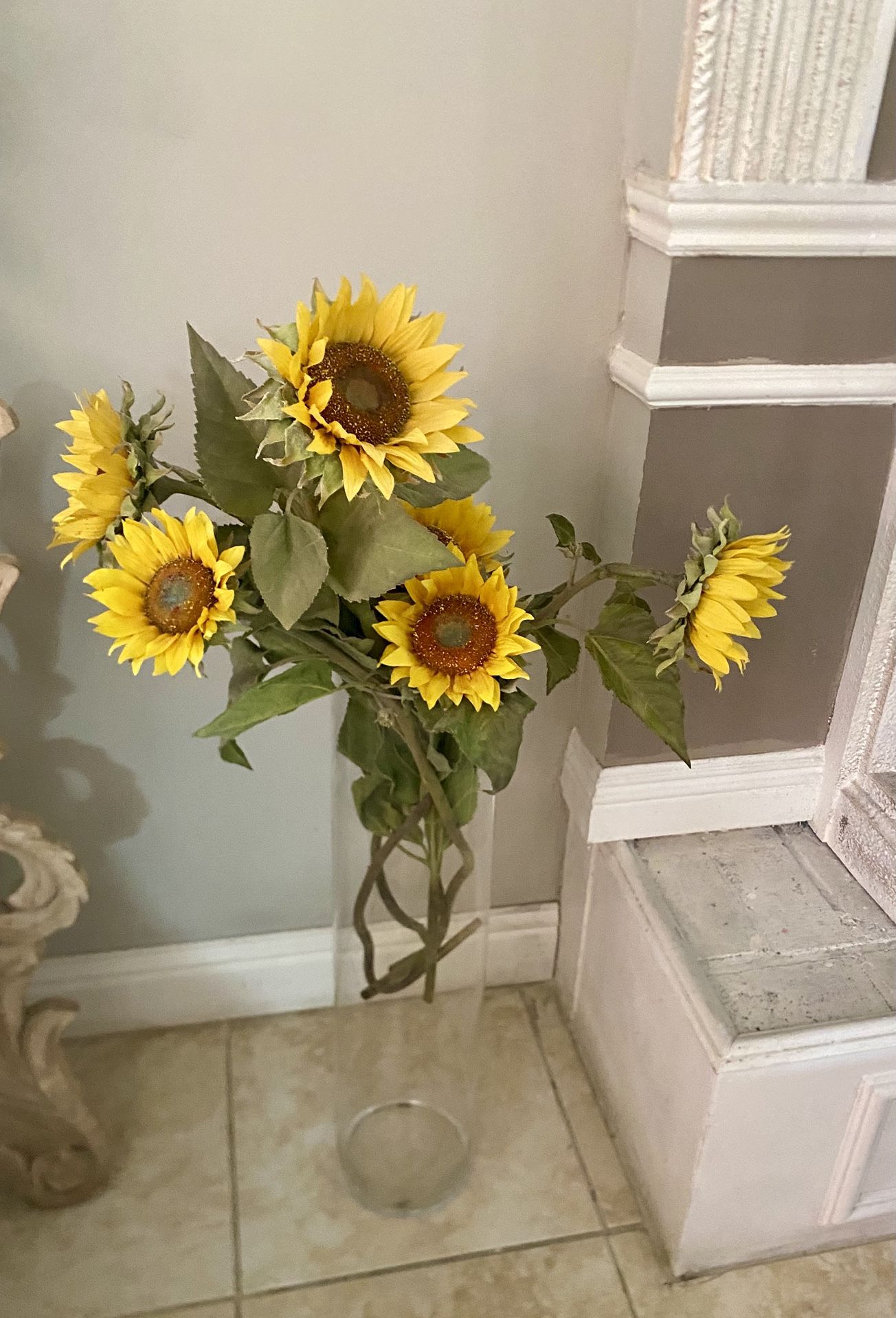 Flower Vase With Artificial Sunflowers . 40” Tall .