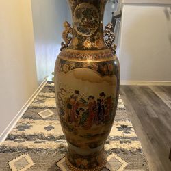 Pair Of Vtg Chinese Ceramic Vase  Typical Chinese Woman, Flowers Gold Relief Trim Ruffled Top ~