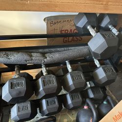 Rubber Hex Dumbells and Stand