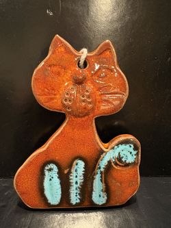 Handmade Orange and Turquoise Ceramic Cat Rodos Greece  Elafos Ceramic Factory 5 ½” tall by 4” wide