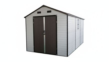 8x14x7.6 Ft Outdoor Resin Storage Shed with Windows, Strong Aluminum Frame & Floor for Garden, Backyard Organization (White+Brown)