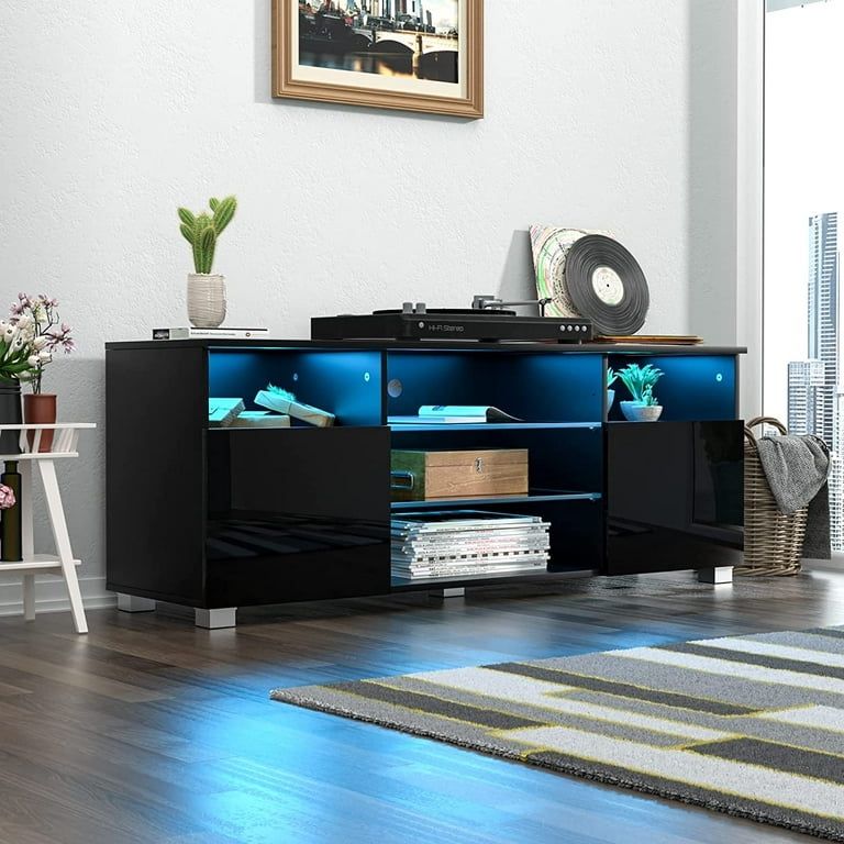 ChVans LED TV Stand for 65 inch TV, High Glass Modern Entertainment Center with LED Lights and Glossy Cabinets