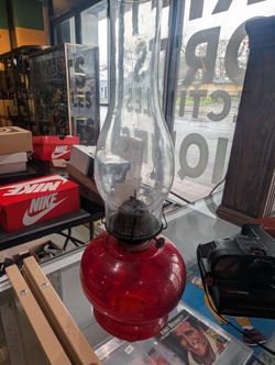 Vintage Red Glass Oil Lamp Hurricane Lantern Clear Chimney Decor