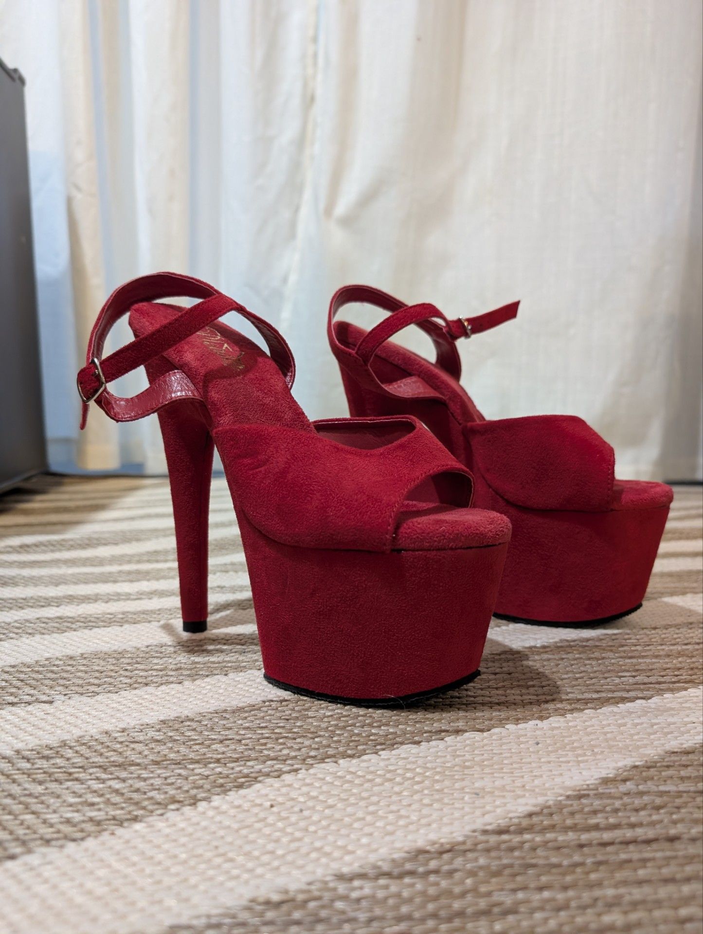Size 7-7.5 Red Pleaser Pole Stripper Heels Open Toe - $50