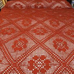 Handmade Crochet Rust King Cotton Bedspread Floral Pattern Fringed Vintage