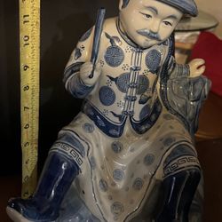 Large Ceramic Chinese Emperor Statue, Blue and White Porcelain Figurine 