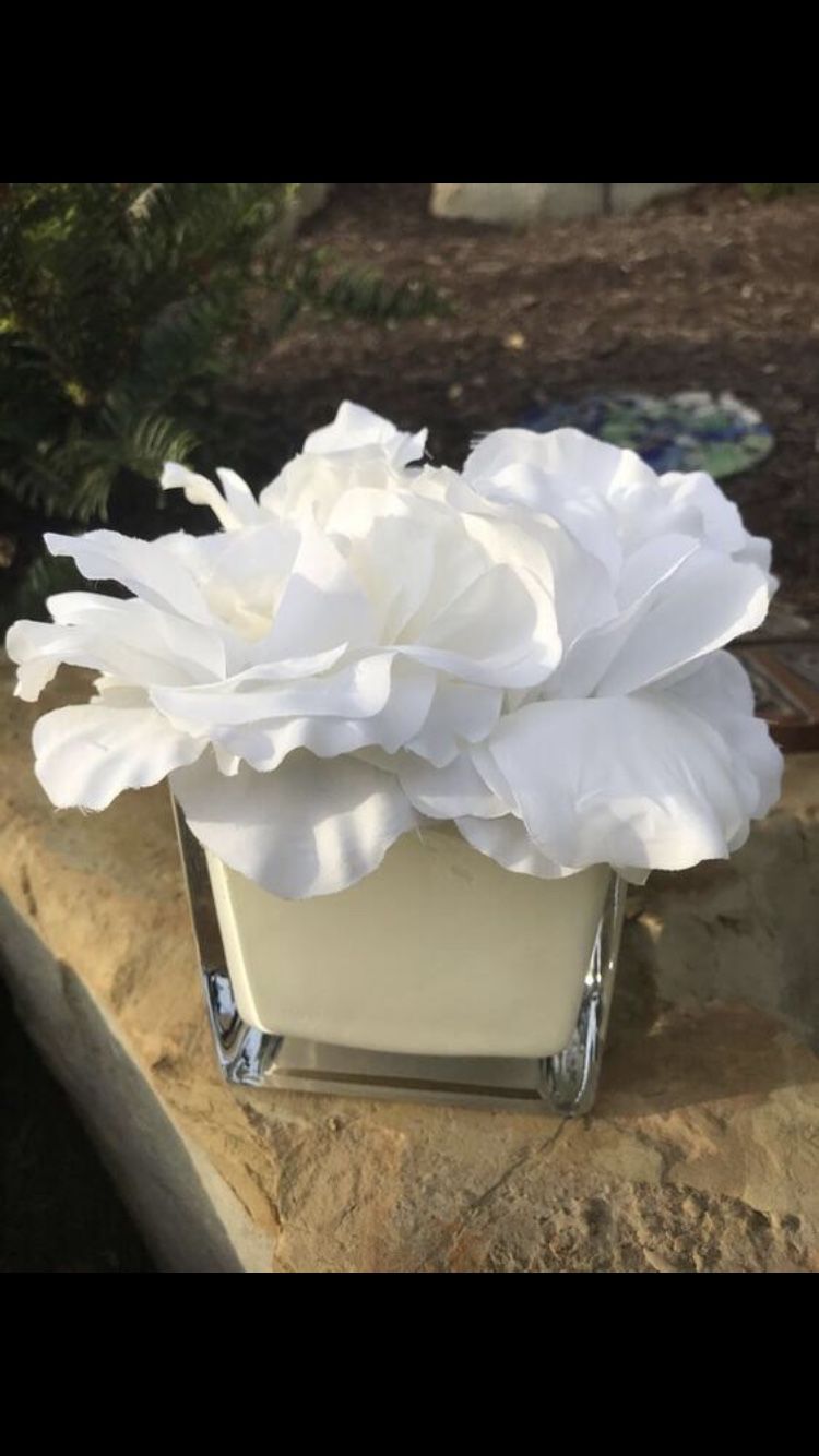 White silk flowers in white glass vase 6” vase is 4”