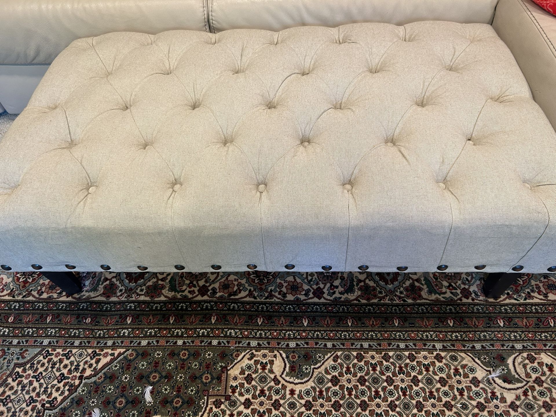 Tufted Linen Beige Ottoman