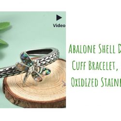 Abalone Shell Dragonfly Cuff Bracelet, Stainless Steel