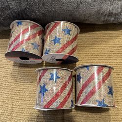 4 Rolls Stars & Stripes Decorative Ribbon Tan w/Red & Blue Mesh 2-1/2" x 9ft
