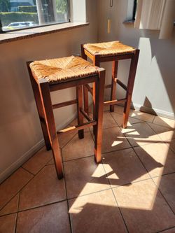 Set Of 2 French Oak Rush Bar Stools with Woven Seats