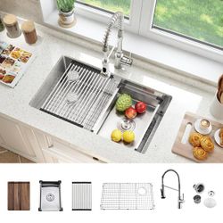 Attop
32 in. Undermount Workstation Single Bowl Double Ledges Stainless Steel Kitchen Sink With Faucet and Sliding Accessories
