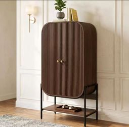 Modern Fluted Wood Cabinet with Metal Base