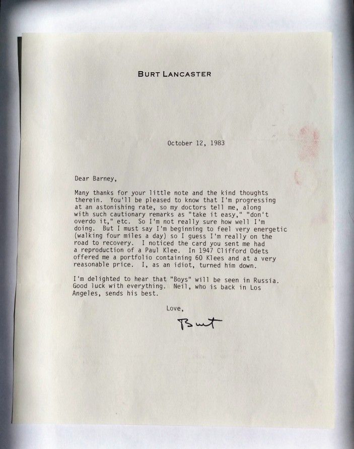 Letter From Burt Lancaster (Actor) To Bernard Sabath (Writer/Playwrite) October 12,1983 Signed By Burt Lancaster 