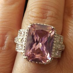 S925 Posts Size 6 Ring With Light Pink Brilliant Zirconia And Paved Clear Zirconia 