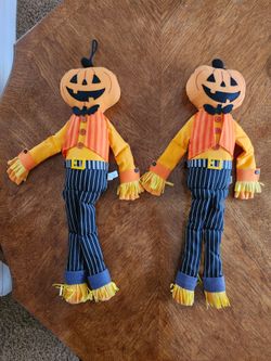 Set of 2 Plush Pumpkin-Head Scarecrow Dolls / Shelf Sitters (Halloween Decor)