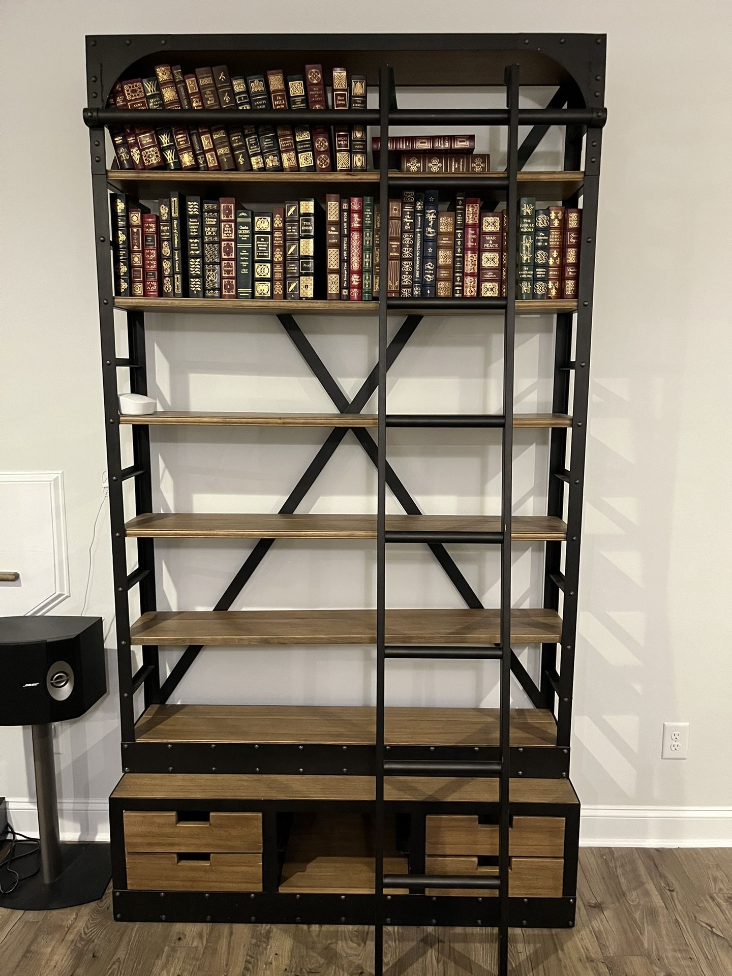 2X Restoration Hardware 1950s Dutch Shipyard Triple Shelving Bookcase & Ladder