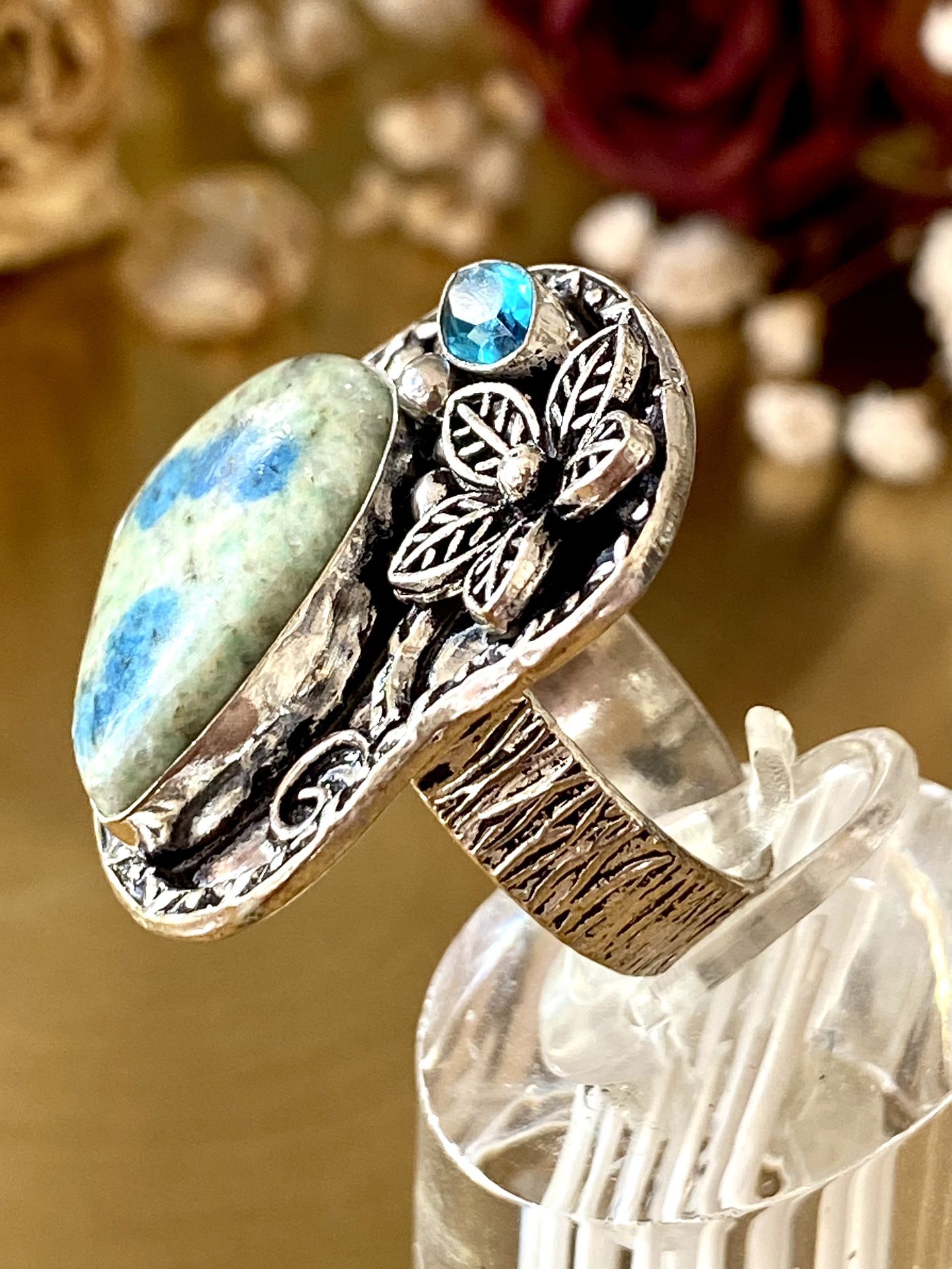 K2 Azurite And Blue Topaz 925 Sterling Silver Overlay Flower Ring Size 7.75