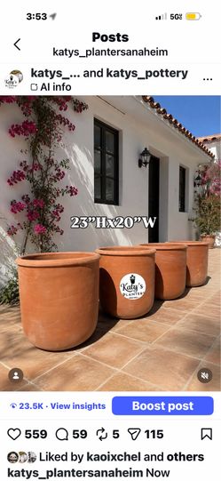 XL Clay planters $135ea 30 gallons