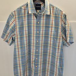 Tommy Bahama Men Medium Blue Plaid Silk Blend Short Sleeve Button Up Shirt