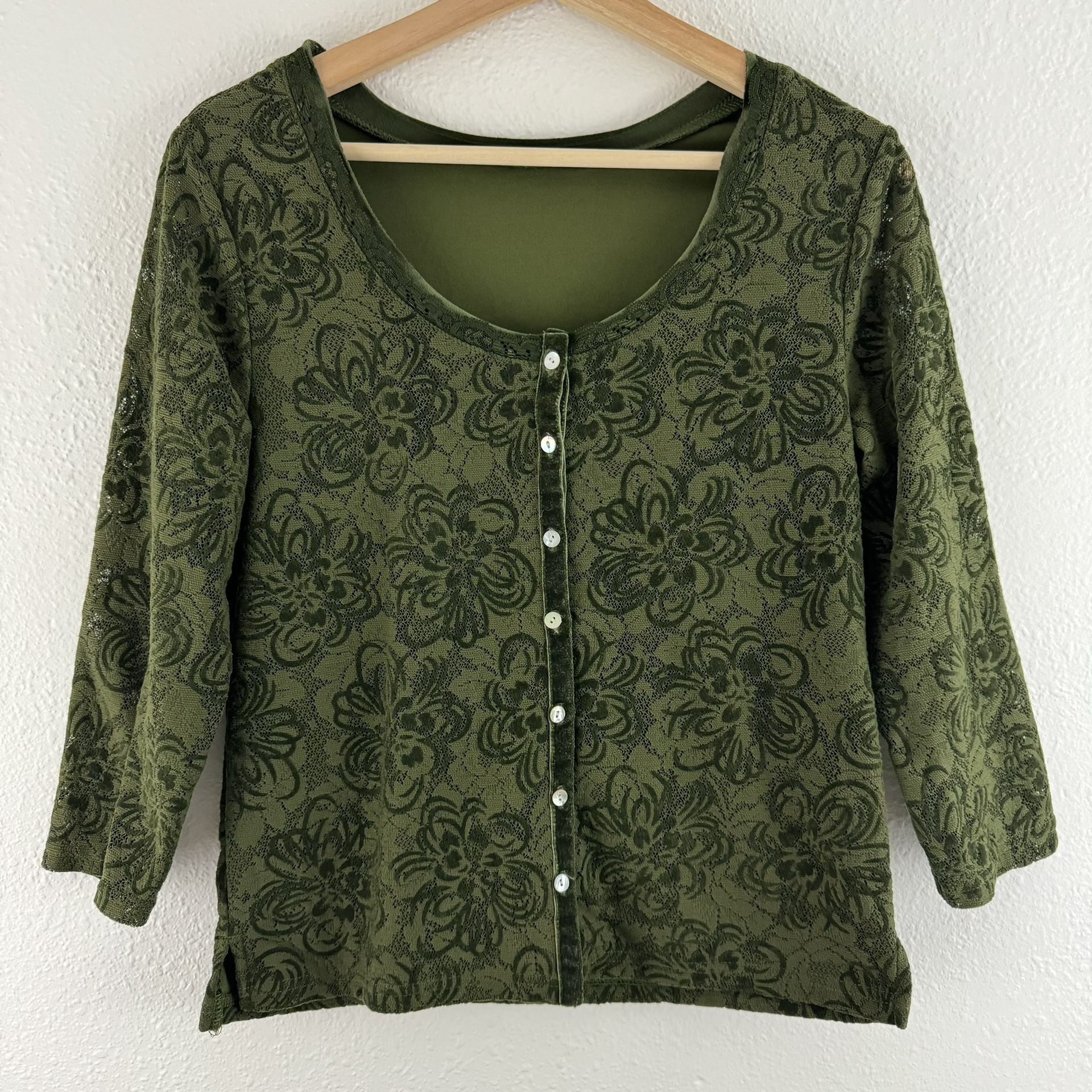 Vintage Y2K Moss Green Floral Lace Dainty Button Up Garden Cottagecore Blouse