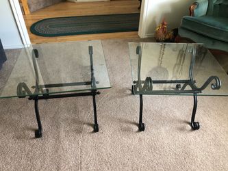 Glass Top End Tables with Wrought Iron Base – Set of 2