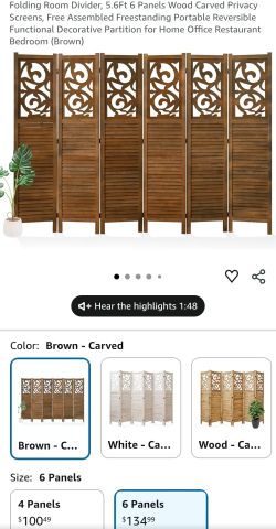 Folding Room Divider, 5.6Ft 4 Panels Wood Carved Privacy Screens, Free Assembled Freestanding Portable Reversible Functional Decorative Partition for 