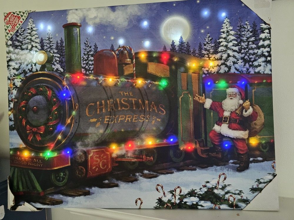 $55.00 - 26" Christmas Wall Canvas, LED Lights! A 2018 Kirkland "The Christmas Express" Train Scene/White & Colorful LED Lights! Like New!