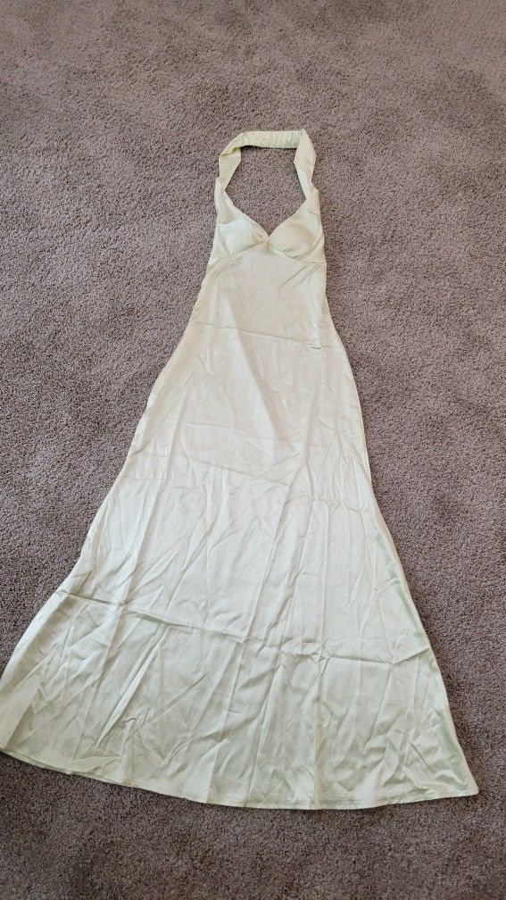 OFF GOLD SATIN HALTER MAXI DRESS