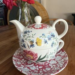 HUMMINGBIRD AND FLORAL PORCELAIN TEAPOT AND SAUCER BARNES AND NOBLE TEA FOR ONE