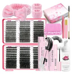 DIY Lash Extension Kit 590Pcs 9-18mm D Curl Lashes Clusters with Lash Bond and Seal Glue Remover Lash Shampoo Cleansing Brush Headband Wristband Tweez