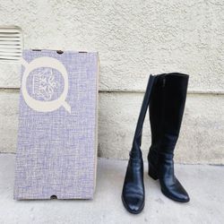 Born Womens Boots 8 Black Leather Knee High Side Zip Buckle Block Heel