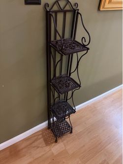 Vintage brown wicker rattan metal folding 4 tier Shelf 45”H 7” D