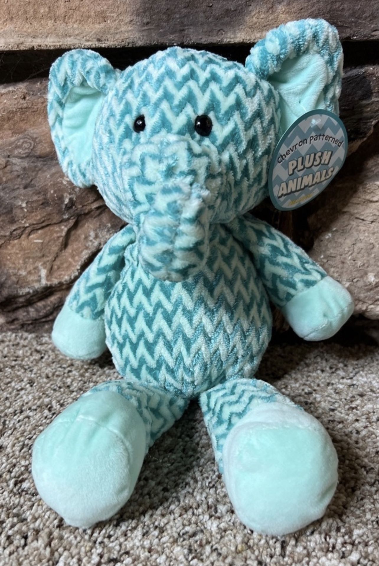 Kellytoy Elephant Plush Teal Green Chevron Zigzag Patterned Stuffed Animal 14”