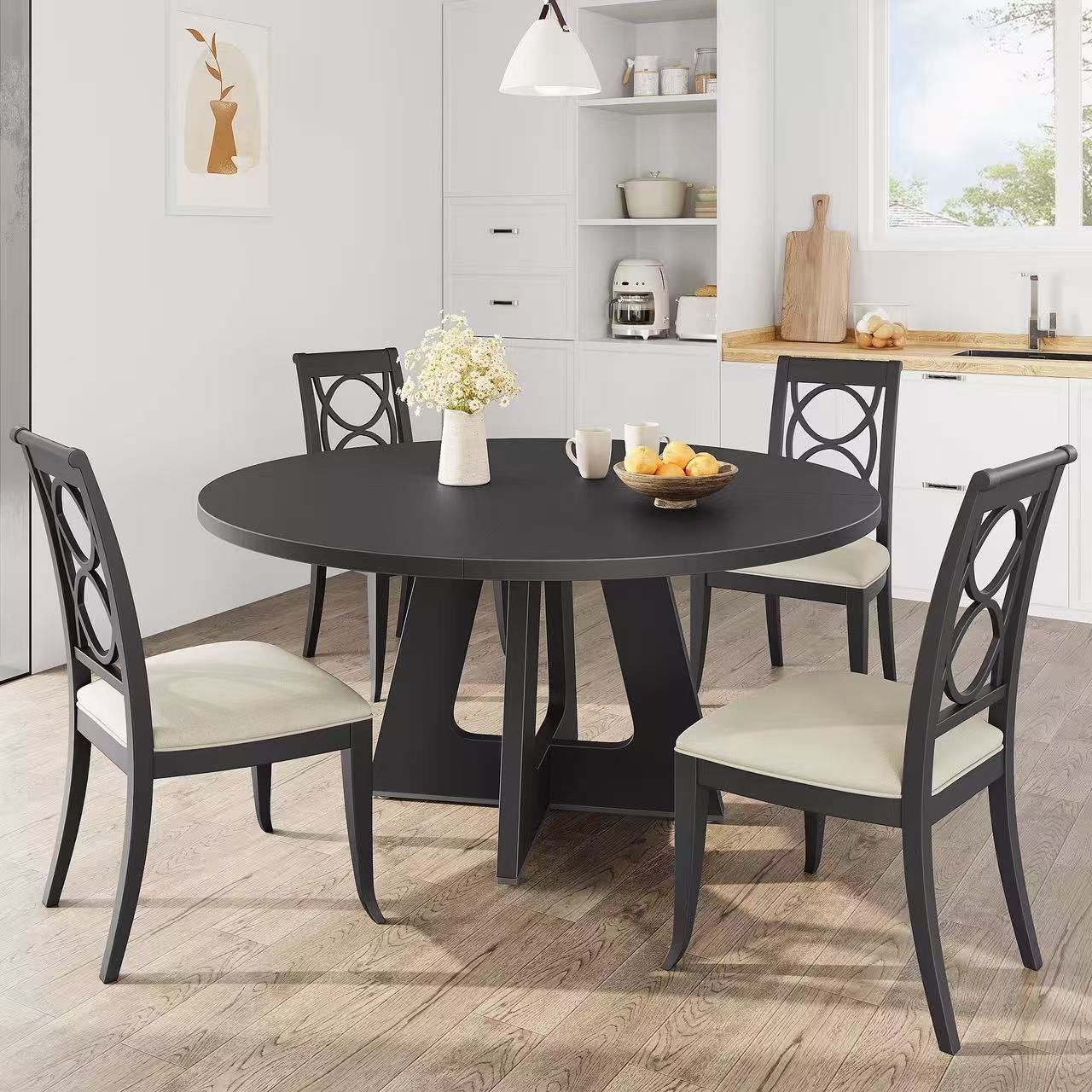 47" Farmhouse Round Dining Table ,Wooden Top with Pedestal Base, black $120