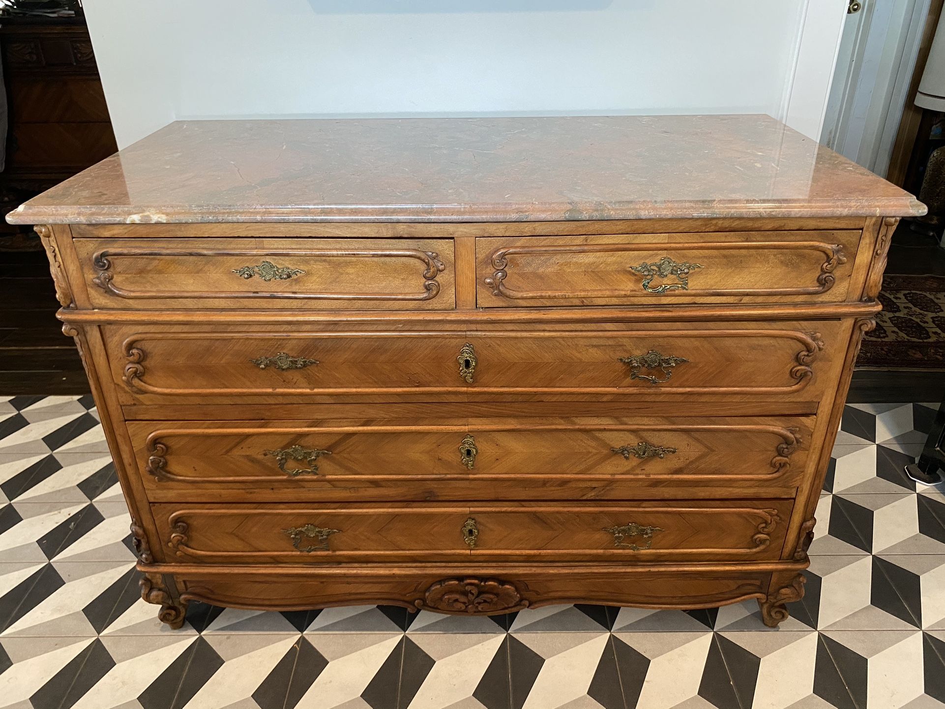 Antique French Provincial Dresser / Drawers / Cabinet with Rose Marble Top