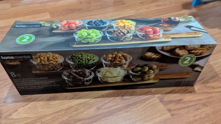 Set of 2 Acacia Serving Boards with 6 Glass Bowls